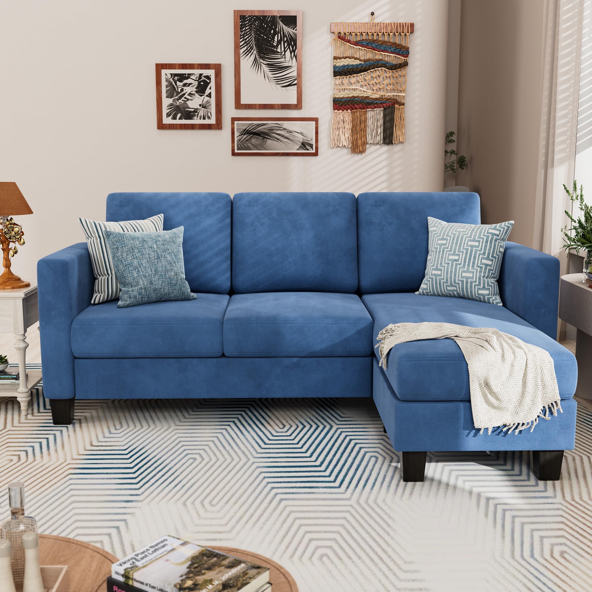 Yeshomy Convertible Sectional 3 L-Shaped Couch Soft Seat With Modern Linen Fabric, Small Space Sofas For Living Room, Apartment And Office, 70'', Blue